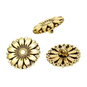 Vintage gold sunflower metal buttons with textured petals and back loop for sewing