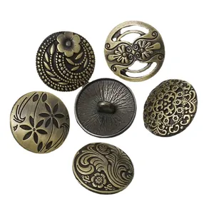 Set of 6 vintage bronze 17mm metal shank buttons with various floral relief patterns