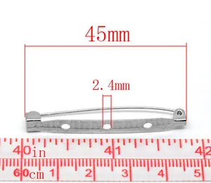 Macro view of 45mm silver brooch pin finding with 3-hole base for DIY jewelry making