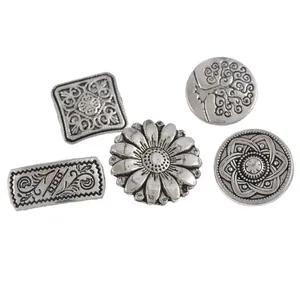 Vintage silver metal buttons set featuring sunflower and tree of life carved patterns