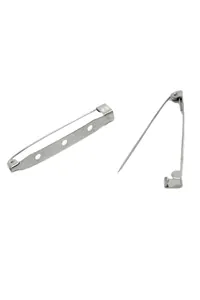 Detail view of silver safety pin base with 3-hole design in open and closed states