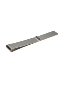 Close-up of polished silver stainless steel money clip with brushed metal finish