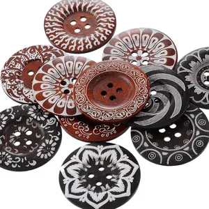 Botones de Madera Grabados con Láser Vintage Botones Decorativos Redondos de Cuatro Agujeros para Costura Artesanía Accesorios de Ropa Botones con Patrones Étnicos