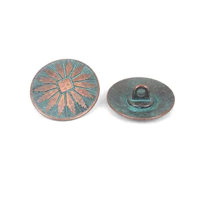 Vintage green patina zinc alloy button with antique copper finish and sunburst pattern