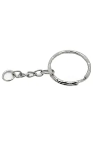 Close-up of polished silver metal key ring with flat loop and triple link chain connector