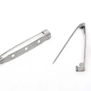 Silver metal brooch safety pin base with three holes for jewelry making in closed and open view
