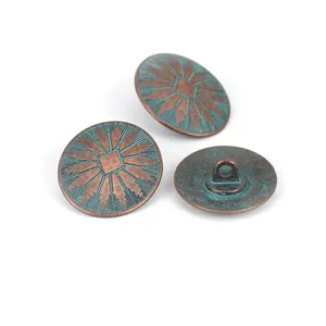 Detailed view of vintage zinc alloy shank buttons with copper patina and carved pattern