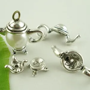 Antique silver teapot pendant kit with pearl body and DIY metal components for jewelry making