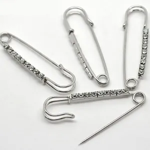 Retro Rhinestone Large Safety Pin Brooch Iron Metal Scarf Buckle Crystal Lapel Pin Fashion Jewelry For Women Silver