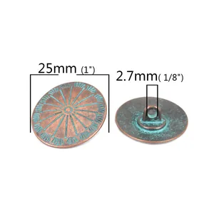 Detail of 25mm oval zinc alloy button featuring antique copper finish and green patina
