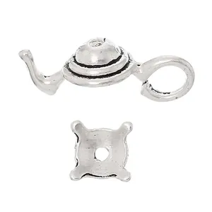 Antique silver teapot charm pendant with square four-claw base for DIY jewelry making