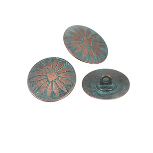 Vintage copper buttons with green patina and sunburst pattern, oval zinc alloy shank