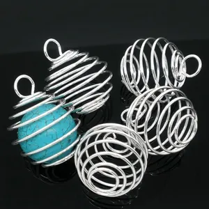 Silver Plated Nickel Free Alloy Spiral Bead Cage Pendant Holder Lantern Coil Jewelry Making Charms Accessory For Round Stones