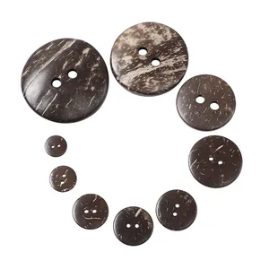 Macro shot of assorted brown coconut shell wood buttons in various sizes and textures