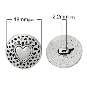 Retro silver 18mm round metal button with heart pattern and shank back for coats
