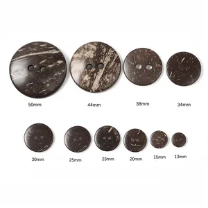 Detailed sizes of brown coconut shell buttons with natural textures from 13mm to 50mm