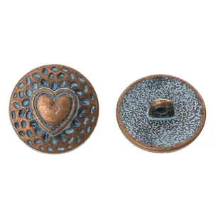 Vintage bronze round metal button with blue heart relief and engraved dot textures