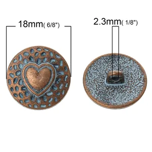 Detailed 18mm vintage metal button with heart pattern showing front and back shank
