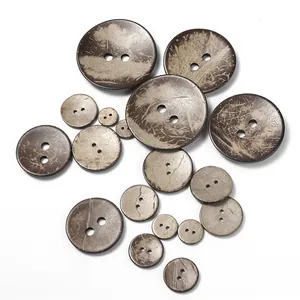 Macro view of assorted brown coconut shell buttons with natural fiber textures and 2 holes