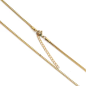 Golden stainless steel box chain necklace with lobster clasp and adjustable extension