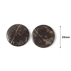 Detail view of 25mm brown coconut shell texture wooden buttons with two holes