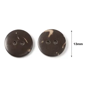 Detail of 13mm brown coconut shell buttons with natural wood grain and two-hole design