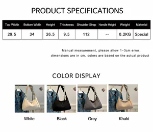 Guide détaillé des dimensions indiquant largeur, hauteur et poids du grand sac nylon