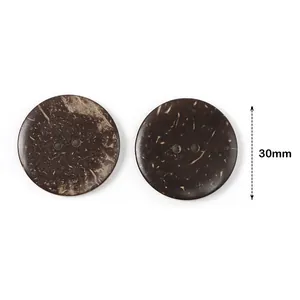 Detailed view of 30mm dark brown two-hole buttons with natural coconut husk texture