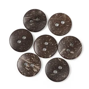 Set of seven brown coconut shell buttons with natural textures and double holes for coats