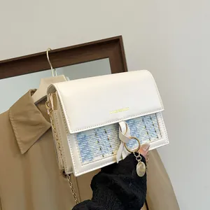Plaid Patchwork Tweed PU Leather Crossbody Bag With Satin Scarf Decor Fashion Chain Shoulder Bag For Women Small Square Bag