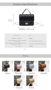 Size guide for diamond-quilted PU crossbody bag showing dimensions and colors