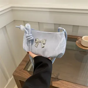 Women's Pleated Underarm Bag With Metallic Butterfly Bow Small Square Shoulder Bag Stylish Minimalist Daily Handbag Purse