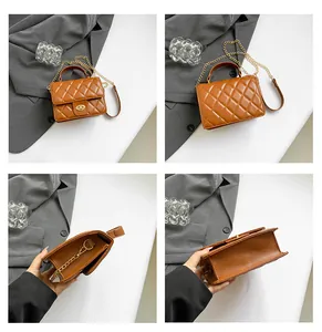 Detailed views of a brown quilted crossbody bag with gold chain and twist lock closure