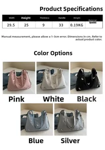 Size chart showing large capacity tote bag dimensions 29.5x25x9cm with color options