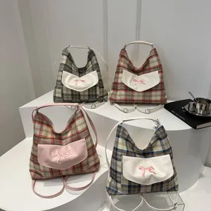 Chic checkered tote bag with sweet bow detail in four stylish multi-color options