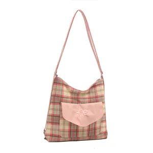 Pink and beige plaid tote bag for women featuring a sweet bow and large capacity