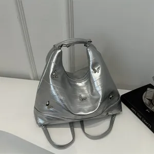 Women High Gloss PU Shoulder Bag Large Capacity Tote With 3D Metal Butterfly Decor Trendy Y2K Hobo Handbag Daily Use