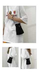 Vertical collage of a black drawstring bucket bag showing front and side wear on a model