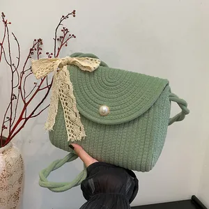 Dames Geweven Stro Schoudertas Boheems Zomer Strand Crossbody Tas Met Kunstparelknoop En Kanten Strik Decor Elegante Damestas