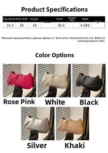 Detailed size chart and dimensions of the PU leather handbag for women in five colors