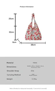 Tableau des tailles détaillé pour le sac fourre-tout floral rouge en toile de 38cm sur 32cm