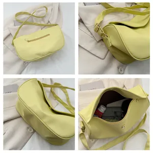 Collage of lime yellow crescent bag showing front view, side profile and internal capacity