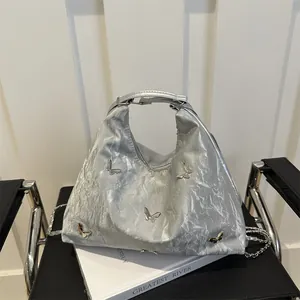 Women Large Capacity Butterfly Metallic Shoulder Bag Pleated PU Leather Y2K Hobo Tote Fashion Commuter Crossbody Bag Purse