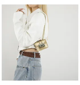 Vue détaillée d'un mini sac bandoulière doré avec chaîne et fermoir carré en métal poli