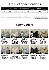 Size guide for large tote bag with metallic finish and cloud charm options