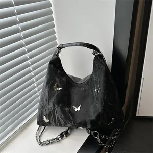 Women's Y2K Butterfly Decor Pleated Shoulder Bag Niche Design Large Capacity Tote Bag Sweet Cool Street Style Handbag