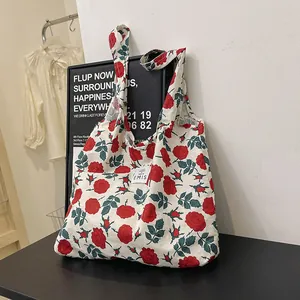 Sac Fourre-tout Femme Décontracté en Toile Imprimé Floral Grande Capacité Sac à Bandoulière avec Écusson Lettres Style Coréen