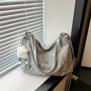 Women Fashion Metallic Ruched Tote Bag Butterfly Decor Large Capacity Shoulder Bag With Cute Cloud Pendant Handbag