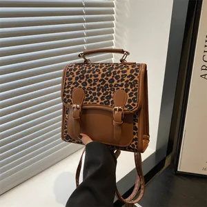 Women Fashion Leopard Print Backpack PU Leather Retro Small Bookbag With Buckles Casual Handbag Shoulder Bag For Ladies
