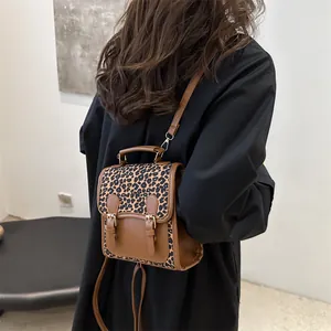 Chic leopard print small backpack for women in vintage brown leather style